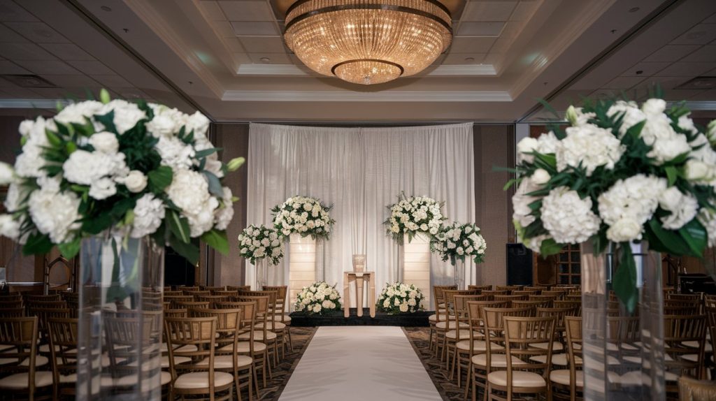 Classy Orlando resort ballroom set up for memorial service, elegant white floral arrangements framing ceremonial area, professional setup