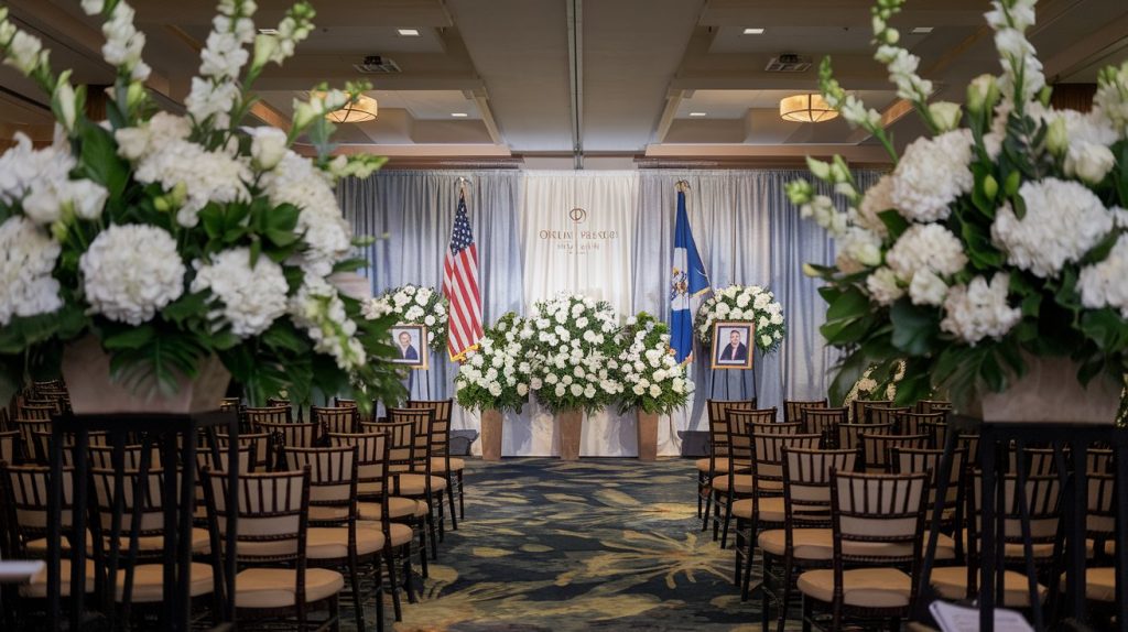 Orlando resort ballroom set up for memorial service, elegant white floral arrangements framing ceremonial area, professional setup