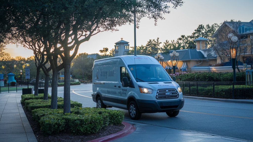 Professional flower delivery van navigating early morning Orlando theme park area, resort properties visible in background, sunrise lighting