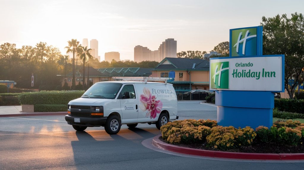Professional flower delivery van navigating early morning Orlando theme park area, Holiday Inn resort properties visible in background, sunrise lighting