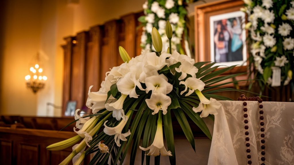Traditional Puerto Rican funeral service setup with elaborate white gladiola and lily arrangements, rosary beads draped respectfully, warm lighting in Orlando funeral chapel, family photos tastefully displayed