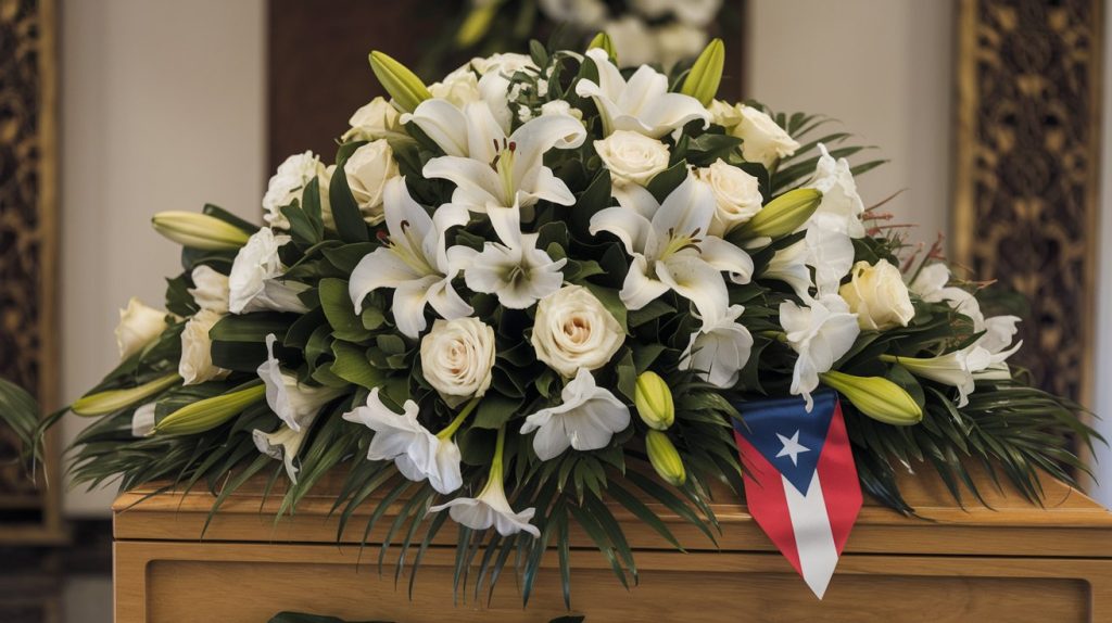 Detailed view of traditional Puerto Rican casket spray featuring white lilies, gladiolas, and roses, with subtle Puerto Rican flag ribbon accent, professional funeral home setting